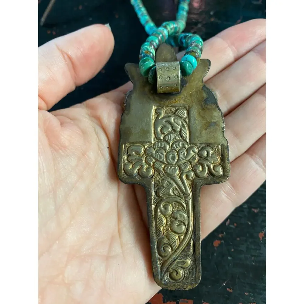 southwestern style silver floral and bone cross necklace, turquoise beads, boho